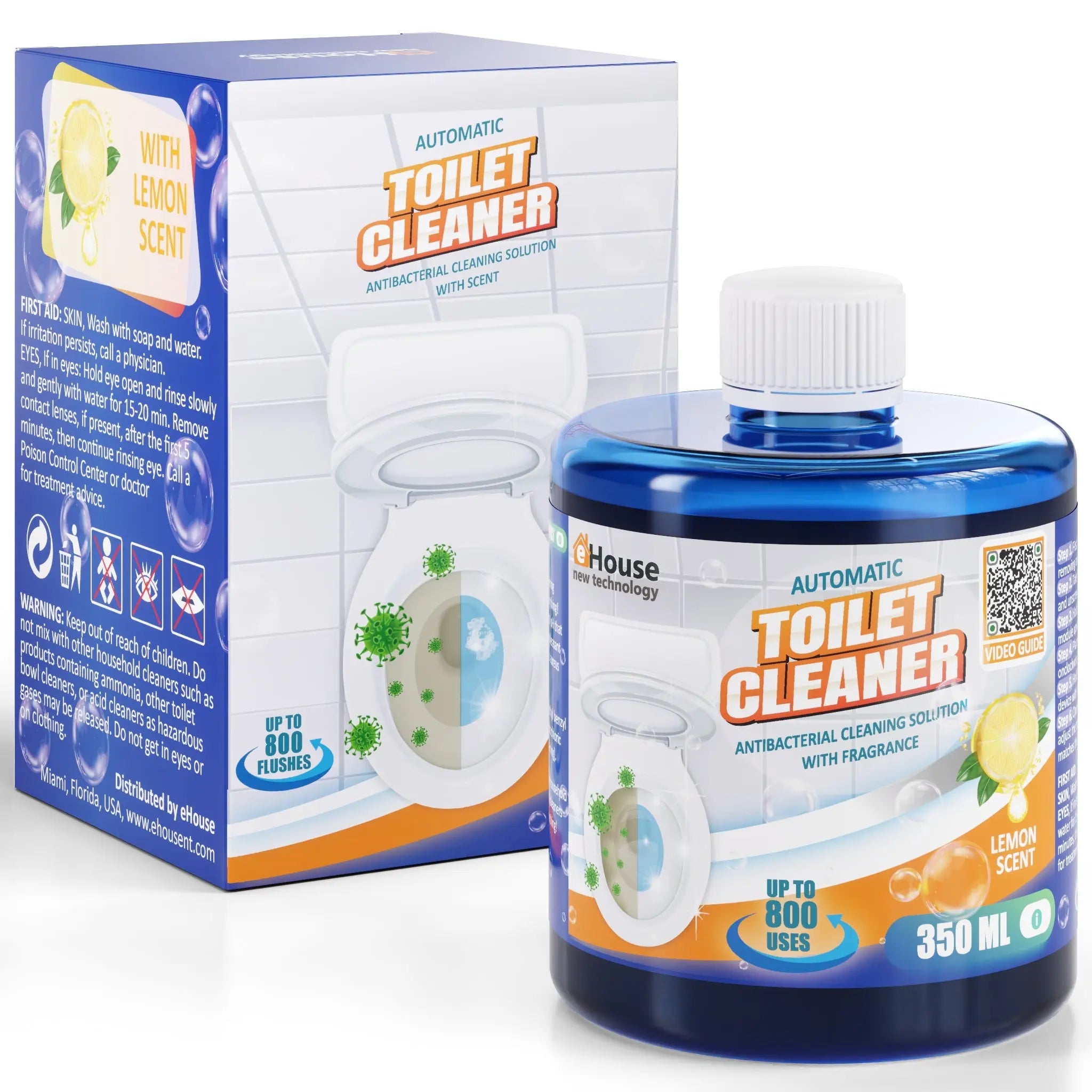 Automatic toilet cleaner with lemon scent, showing bottle and box packaging for antibacterial cleaning, 350 ml, up to 800 uses