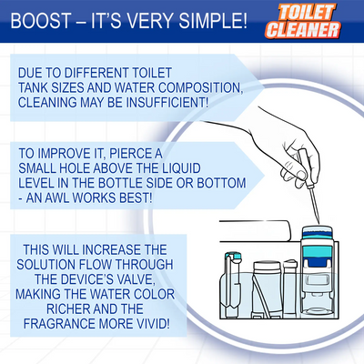 Automatic toilet bowl cleaner with antibacterial and cleansing properties, rich foam, and a pleasant scent of Lemon, Green Apple, or Hypoallergenic unscented option. (Device + 350ml Bottle)