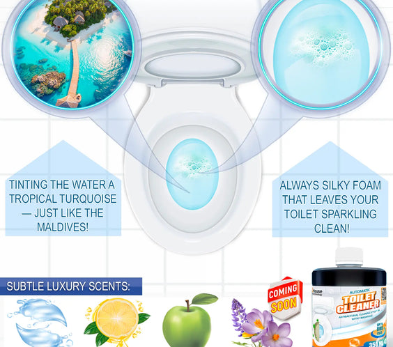 Automatic toilet bowl cleaner with antibacterial and cleansing properties, rich foam, and a pleasant scent of Lemon, Green Apple, or Hypoallergenic unscented option. (Device + 350ml Bottle)