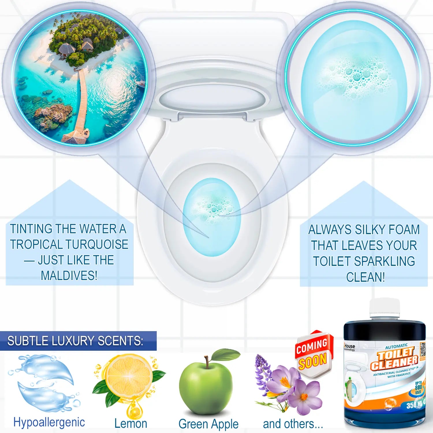 Automatic toilet bowl cleaner with antibacterial and cleansing properties, rich foam, and a pleasant scent of Lemon, Green Apple, or Hypoallergenic unscented option. (Device + 350ml Bottle)