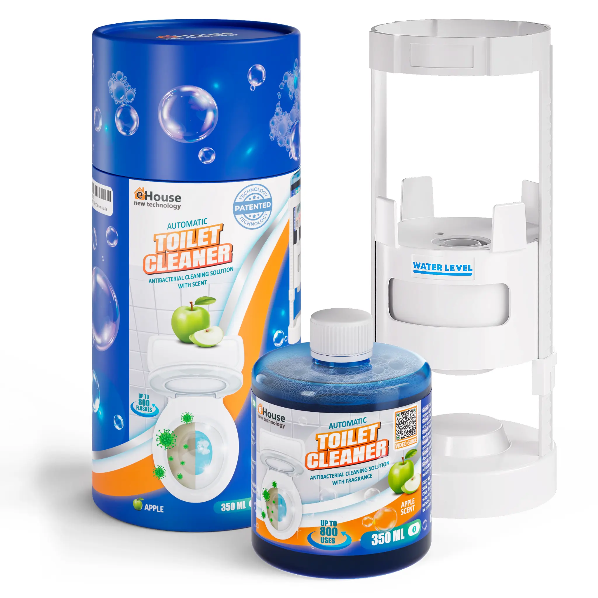 Automatic toilet cleaner set with bottle, holder, and apple-scent refill packaging
