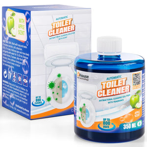 Automatic toilet cleaner bottle with apple scent shown next to its retail box, offering antibacterial cleaning for up to 800 uses