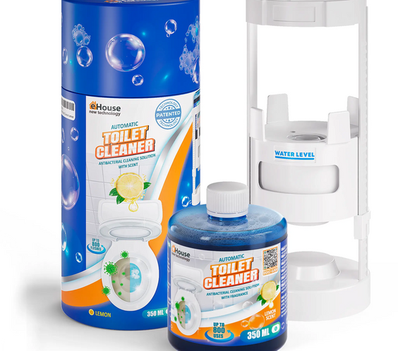 Automatic toilet bowl cleaner with antibacterial and cleansing properties, rich foam, and a pleasant scent of Lemon, Green Apple, or Hypoallergenic unscented option. (Device + 350ml Bottle)